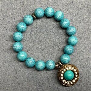 Mandala Charm Dangle Bracelet 7 In Stretch Turquoise Crackle Bead Round Silver